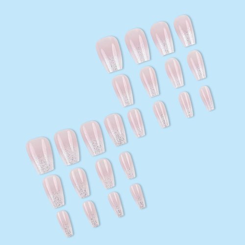 24pcs French Tip Press on Nails Short Square Pink Fake Nails with Glitter Design Glue on Nails Gradient False Nails Supplies Full Cover Glossy Acrylic Nails for Women Girl