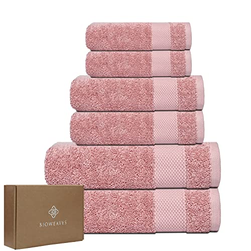 BIOWEAVES 100% Organic Cotton 6-Piece Luxury Bathroom Towels Set GOTS Certified 700 GSM, 2 Bath Towels, 2 Hand Towels & 2 Wash Cloths - Dusty Pink