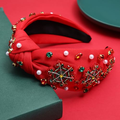 Christmas Headband Red Green Rhinestone Crystal Jeweled Knotted Heabdand Festive Holiday Wide Top Knot Hairband Headpiece Christmas Party Costume Accessories Gift (red Christmas snowflake headband)