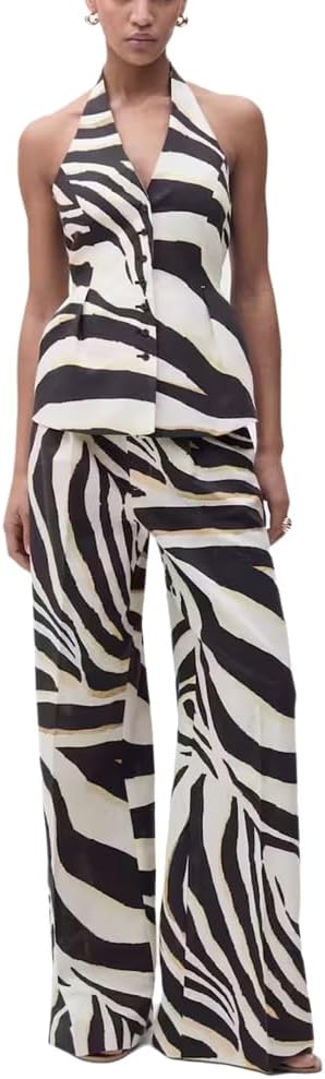 Skiennix 2-Piece Zebra Print Outfit - Halter Top & Wide Leg Pants for Summer Vacations