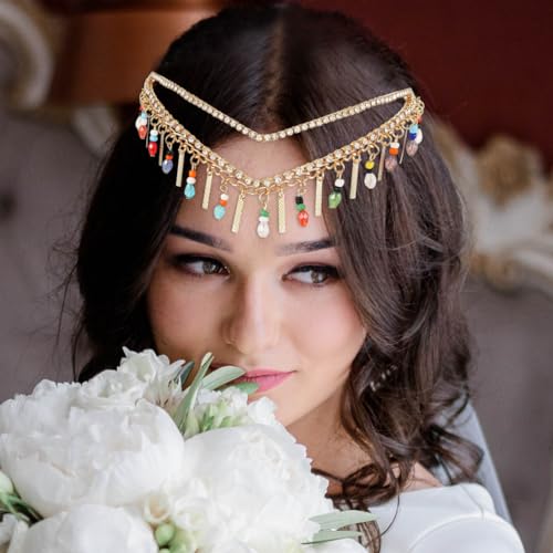 Catery Gold Bridal Headband Goddess Headbands Tassel Rhinestone Hairband Bead Bridal Headdress Headpiece Wedding Hair Accessories for Women and Girls… (A-Beaded)