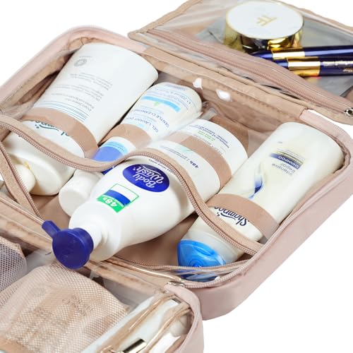 NISHEL Travel Toiletry Bag for Women Large Capacity, Makeup Essentials Organizer, Hanging Case for Accessories, Cosmetics, Pink