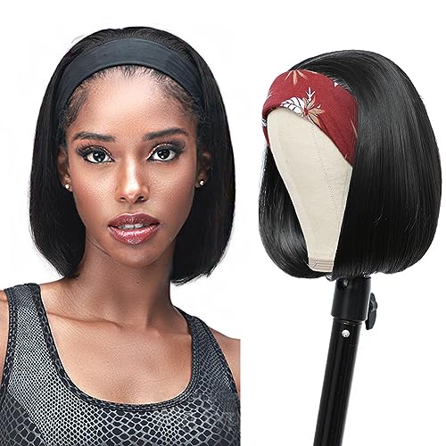 Straight Bob Headband Wig Human Hair None Lace Wigs for Black Women Glueless Short 100% Brazilian Virgin Head Band Easy to Install Half with Free