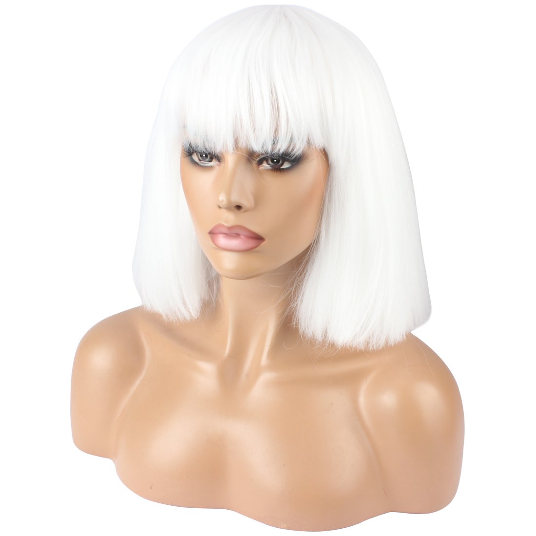 WeKen Women's Fashion Wig Short Bob Kinky Straight Full Bangs Synthetic Hairpieces Solid White