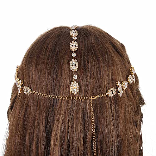 Jerany Rhinestone Head Chain Gold Wedding Headpieces Jewelry Brides Crystal Hair Chain Shiny Forehead Chain Halloween Festival Costume Head Jewelry for Women