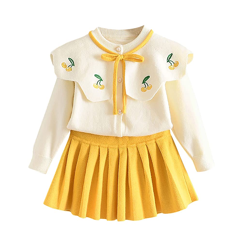 Toddler Baby Girls Autumn Winter Clothes Knitted Button up Long Sleeve Ruffle Bowknot Sweater Tops+Pleated Mini Tutu Skirt 2pcs Outfit Princess Dress up Costume for Kids Yellow-Cherry 4-5 Years