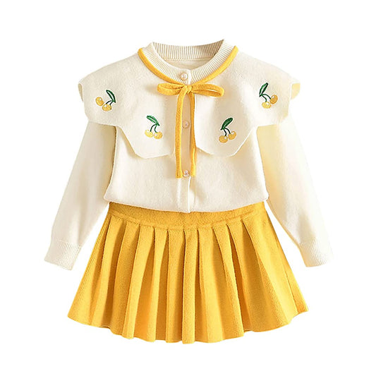 Toddler Baby Girls Autumn Winter Clothes Knitted Button up Long Sleeve Ruffle Bowknot Sweater Tops+Pleated Mini Tutu Skirt 2pcs Outfit Princess Dress up Costume for Kids Yellow-Cherry 4-5 Years