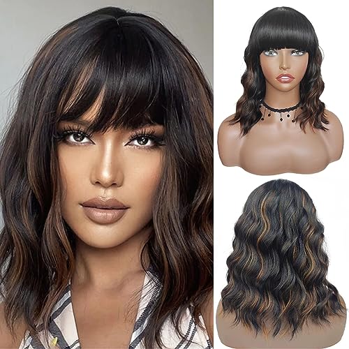 PLEASBELIE Curly Bob Wavy Natural Black Color Wig With Bangs Synthetic Black Hair Wig for Women's Natural Looking and Heat Resistant Full Head Hair Replacement Wig