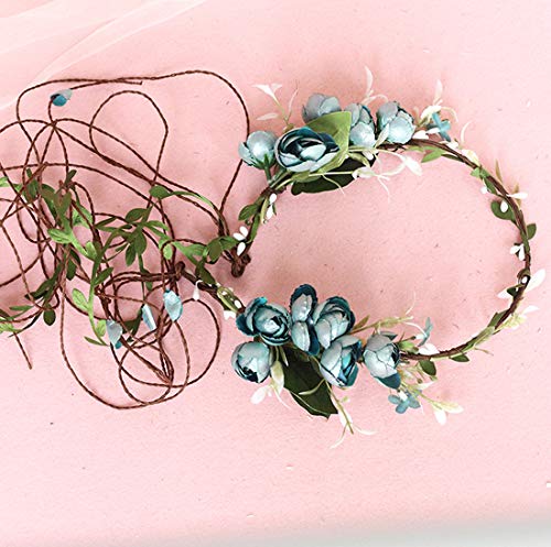 Floral Fall Adjustable Bridal Flower Garland Headband Flower Crown Hair Wreath Halo F-83 (A-Blue Crown)