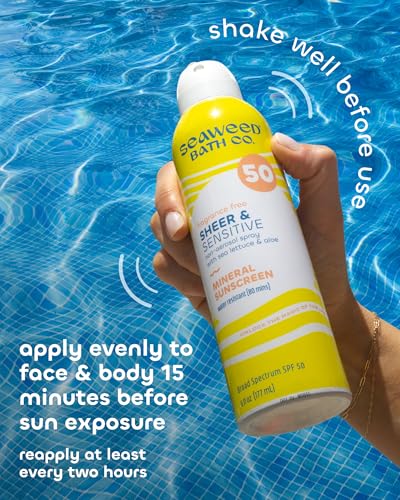 Seaweed Bath Co. Sheer Mineral Sensitive SPF 50 Broad Spectrum Sunscreen Spray, Fragrance Free, Sustainably Harvested Seaweed, Sea Lettuce, Aloe