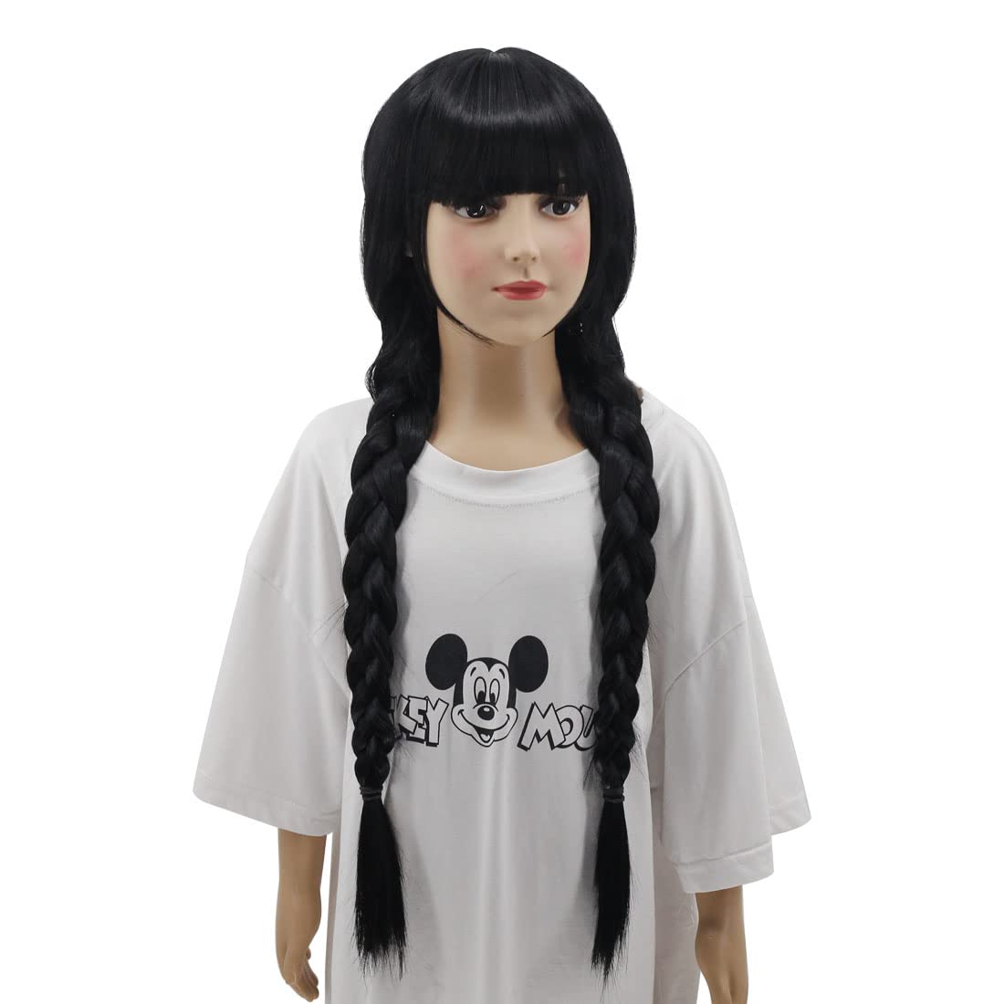 WildCos Long Straight Black Braided Fashion Halloween Wig with Bangs Long Braid Cosplay Wig for Women