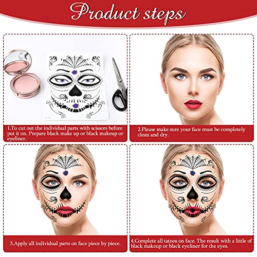 Maitys Day of Dead Headpiece Rose Floral Crown Veil and 8 Sheets Halloween Floral Skull Temporary Face Tattoo Stickers for Women Parties(Elegant)