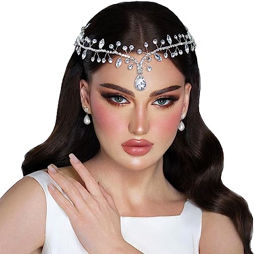 NAISKA Crystal Head Chain Bride Wedding Headband Teardrop Headpiece Bridal Forehead Hair Chain Rhinestone Headpieces Jewelry Prom Costume Hair Accessories for Women and Girls(Silver)