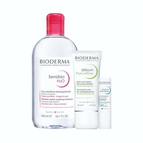 Bioderma Sensibio H2O 500ml + Sébium Pore refiner + Atoderm Lipstick - Makeup Essentials Bundle