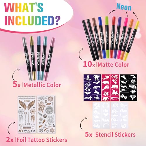 Temporary Tattoo Markers for Skin,15PCS Dual-Ended Tattoo Pen + 50 Paint Stencils + 43 Tattoos Stickers,Glitter & Matte & Neon Glow Body Marker Set, Removable Fake Tattoos Kit for Teens and Adult