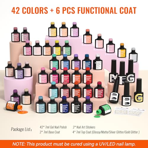 PHOENIXY 62 PCS Gel Nail Polish Set, 54 Colors Gel Polish with Base Coat & Glossy/Matte/Glitter Top Coat All Seasons Nail Polish Set Gifts for Women Girls