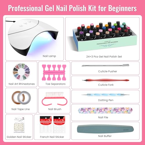 VANREESA 42 Pcs Gel Nail Polish Kit with U V Light 24 Colors Gel Polish Nail Kit Bright Pink Orange Green Glitter Blue Purple Nail Kit for Beginners Gifts for Women DIY at Home