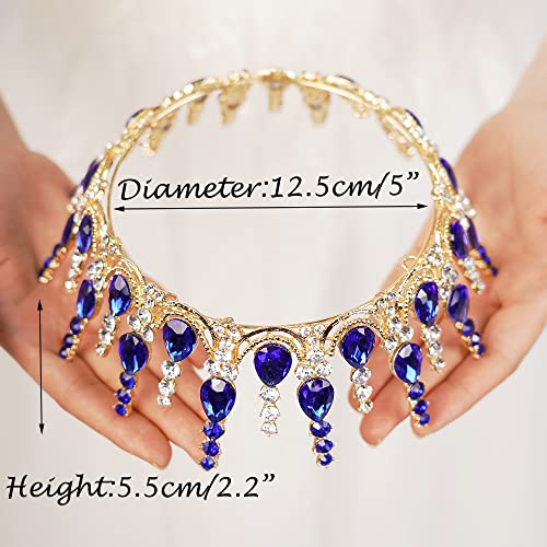 JWICOS Silver Tiaras and Crowns for Women Blue Round Crystal Queen Crowns for Women Princess Tiara with Rhinestone for Girls Wedding Crown for Prom Bridal Party Christmas Gifts (Blue)