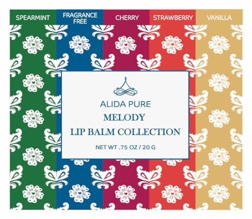 ALIDA PURE Melody Lip Balm Collection, Vegan Lip Balm Set, Beeswax Free, with Avocado Oil, Organic Jojoba Oil, and Vitamin E, Natural Moisturizer for Dry, Chapped Lips, 5 Tube Set