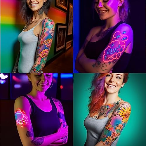 Temporary Tattoo Markers for Skin,15PCS Dual-Ended Tattoo Pen + 50 Paint Stencils + 43 Tattoos Stickers,Glitter & Matte & Neon Glow Body Marker Set, Removable Fake Tattoos Kit for Teens and Adult