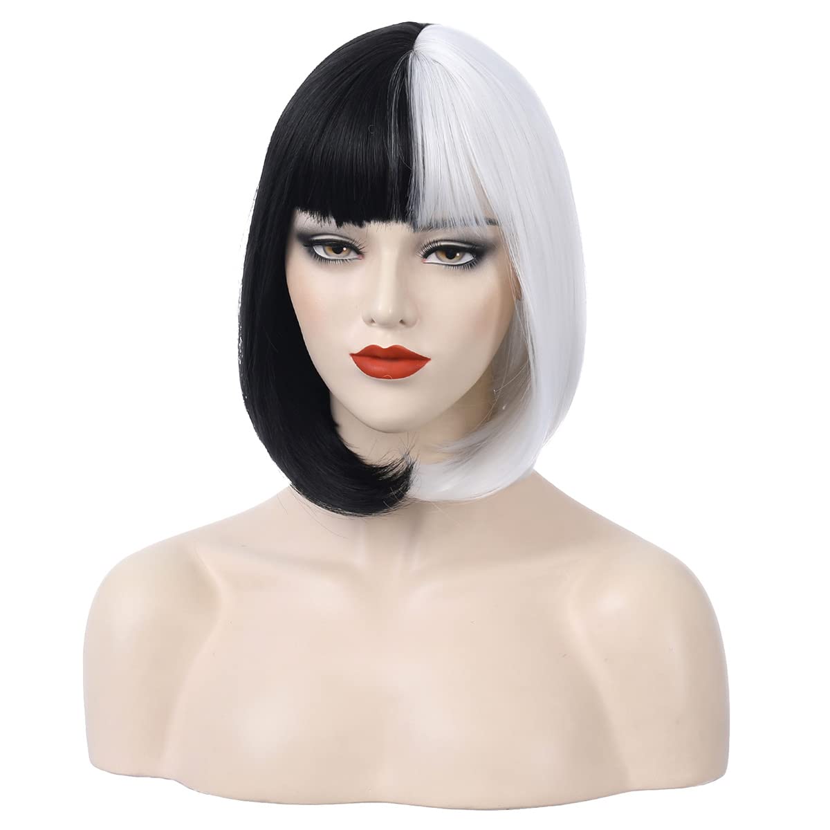 BERON 12 Inches Black White Bob Wig Short Straight Bob Synthetic Wig with Bangs for Women Halloween Cosplay or Daily Use Wigs (Black and White)