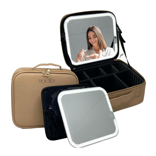 Travel Makeup bag with removable lighted mirror, Professional vanity light up station, Portable cosmetic case with adjustable compartments organizer, waterproof traveling accessories, Tan train case