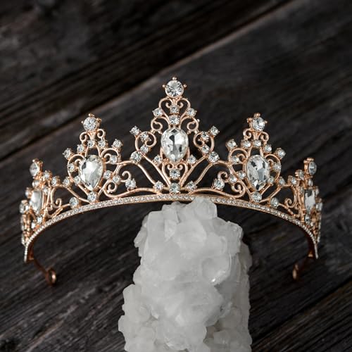 SWEETV Wedding Crowns for Women,Rose Gold Crystal Tiaras and Crowns for Women Girls,Rhinestone Princess Tiara Hair Accessories for Quinceanera Pageant Prom Bridal Wedding Prom Party