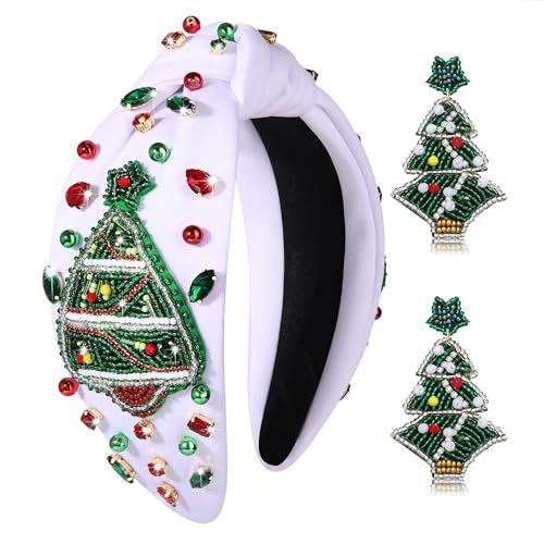 ARATLENCH Christmas Headband Pearl Rhinestone Jeweled Knotted Headband Accessories Snowflake Xmas Tree Beaded Earrings Winter Holiday Xmas Outfits for Women Girls