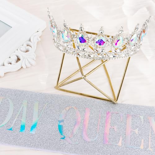 Vovii Birthday Crown & Sash Set for Women, AB Rhinestone Tiara & Birthday Queen Sash for Women Birthday Decorations, Happy Birthday Party Decorations for Birthday Crown Adult Woman