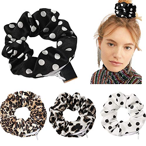 Velvet Dots Leopard Scrunchies with Zipper Pouch and Secret Pocket for Hair Ties, Ropes, and VSCO Girl Stuff (4 Pcs)