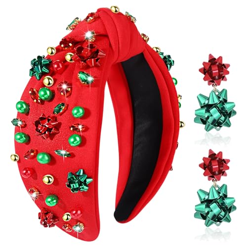 PHALIN Christmas Headband for Women Christmas Accessories Snowflake Xmas Bow Knotted Headband Crystal Rhinestone Jeweled Headband Holiday Hair Accessories Party Gifts (Xmas Bow)