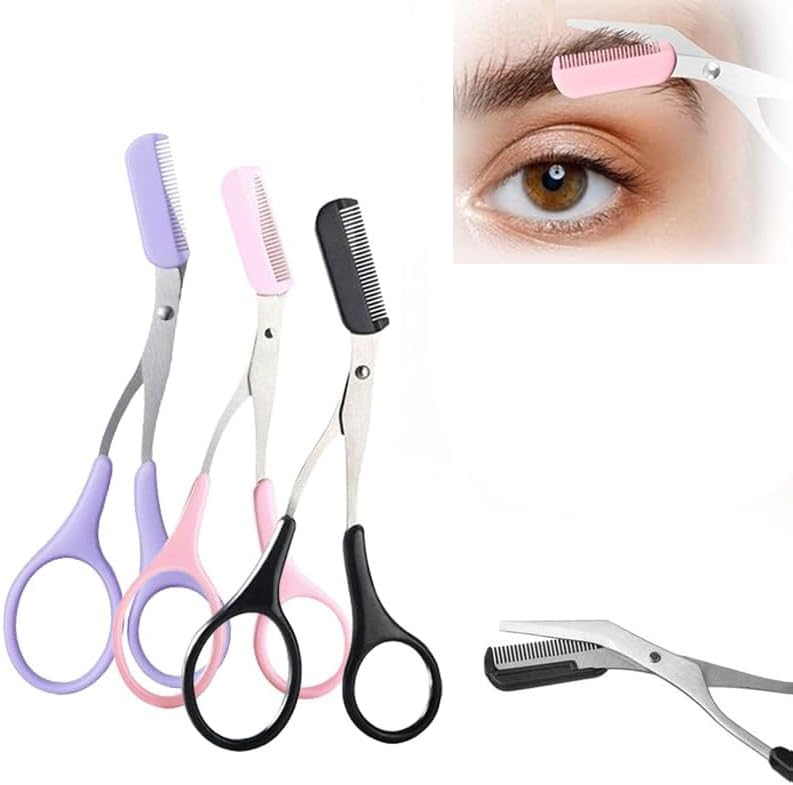 Upgraded Eyebrow Trimmer Scissors with Comb, 2 in 1 Eyebrow Trimmer Scissor,Curved Eye Brow Razor, Non-Slip Stainless Steel Eyebrow Scissor Trimmer, Beauty Gift for Men Women (Pink+Purple+Black)