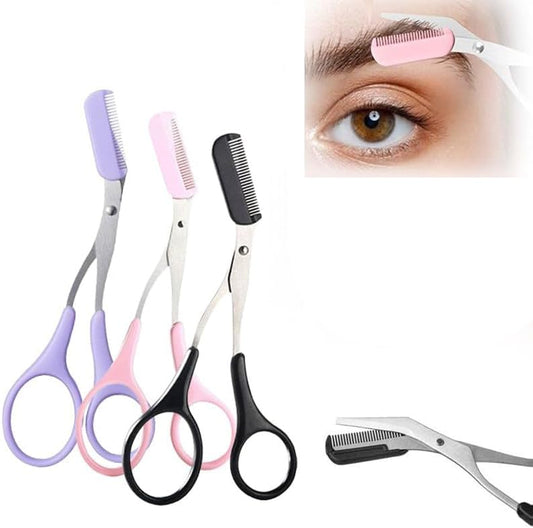 Upgraded Eyebrow Trimmer Scissors with Comb, 2 in 1 Eyebrow Trimmer Scissor,Curved Eye Brow Razor, Non-Slip Stainless Steel Eyebrow Scissor Trimmer, Beauty Gift for Men Women (Pink+Purple+Black)