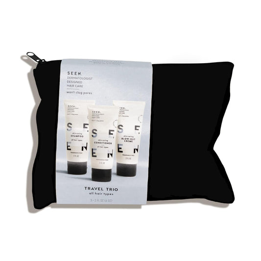 SEEN Travel Trio | Fragrance-Free Hair Care Set - Non-Comedogenic Shampoo, Conditioner & Blow-Out Cream - Reduces Frizz & Protects Sensitive Skin