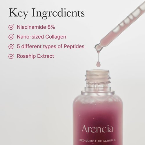 Arencia Red Collagen + Peptide Smoothie Serum - Anti-Aging Serum with 8% Niacinamide & Vitamins C & E for Radiant Skin