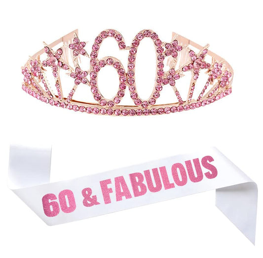 Happy 60th Birthday Tiara and Sash Gifts Crystal Rhinestone Princess Crown Birthday Queen Party Favor Supplies Pink Crowns White Sash