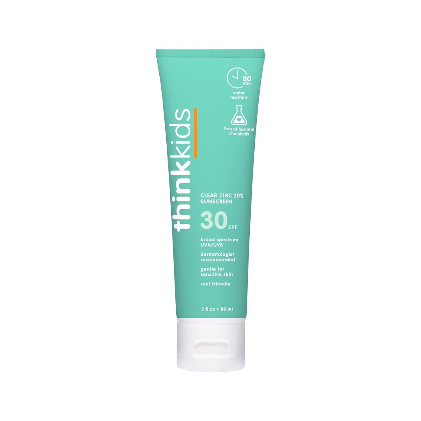 Thinkkids SPF 30 Mineral Sunscreen - Clear Zinc Oxide, Water-Resistant Protection for Kids, 3 fl oz