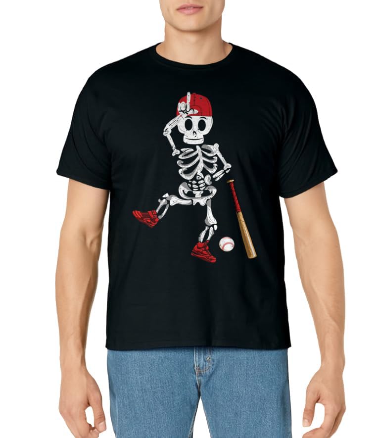 Baseball Skeleton Halloween Funny Skeleton Baseball Playing T-Shirt