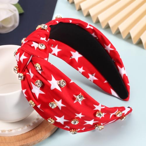 Ardorchid 4th of July Headbands for Women Girls America Independence Day Patriotic Headbands Rhinestone Knotted Wide USA Red Star Hair Accessories Celebration Party Headwraps