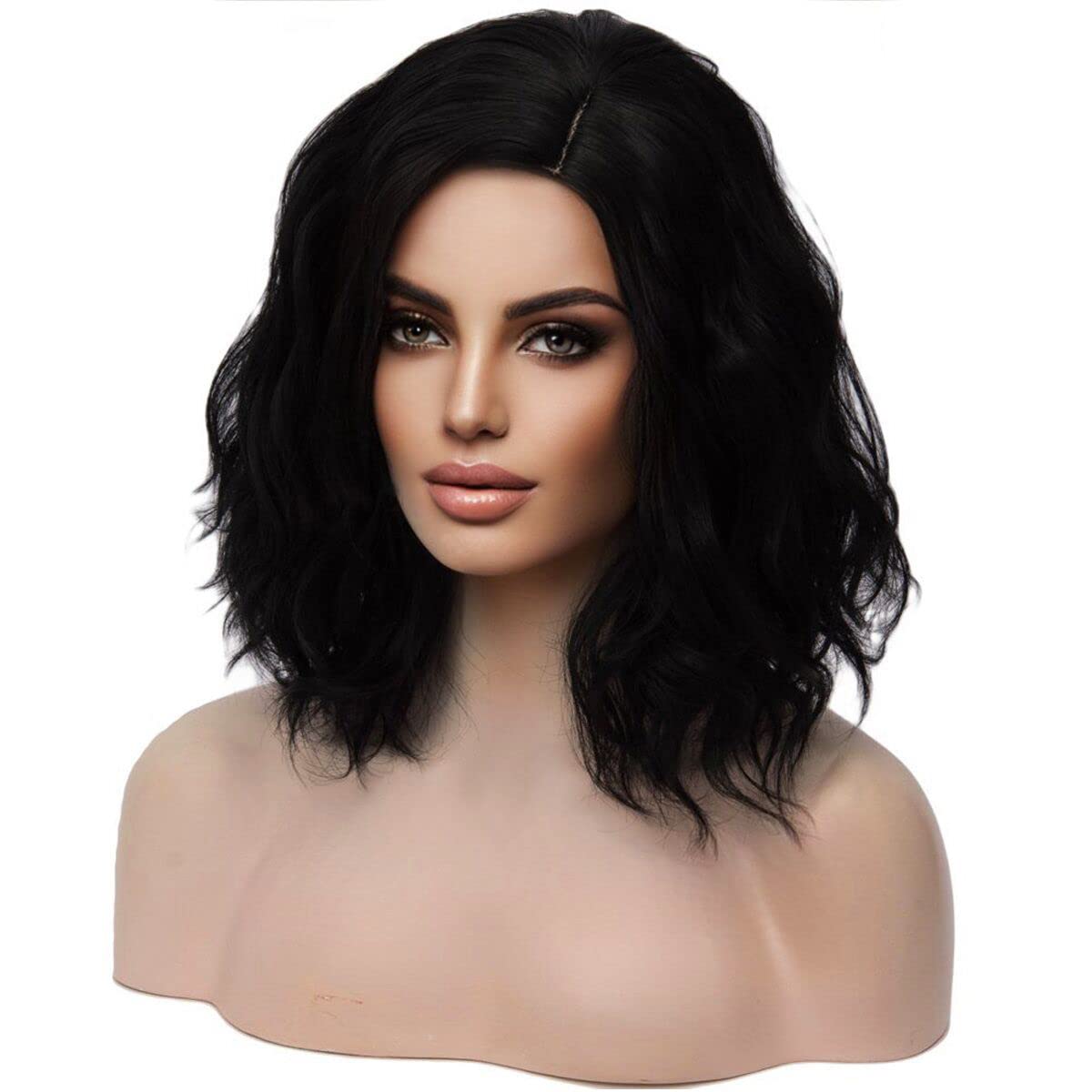 MAGQOO Black Wig for Women Black Bob Wig Short Black Wig Curly Wavy Black Wigs SIde Part Synthetic Heat Resistant