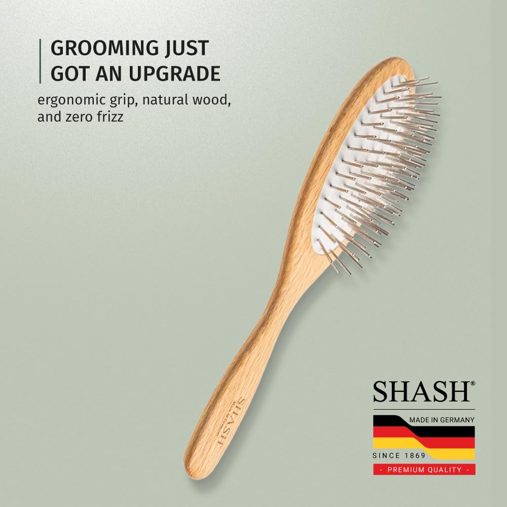 SHASH Oval Pet Brush - Handmade in Germany | Long Metal Pins with Rubber Cushion for Easy Detangling & Frizz Reduction
