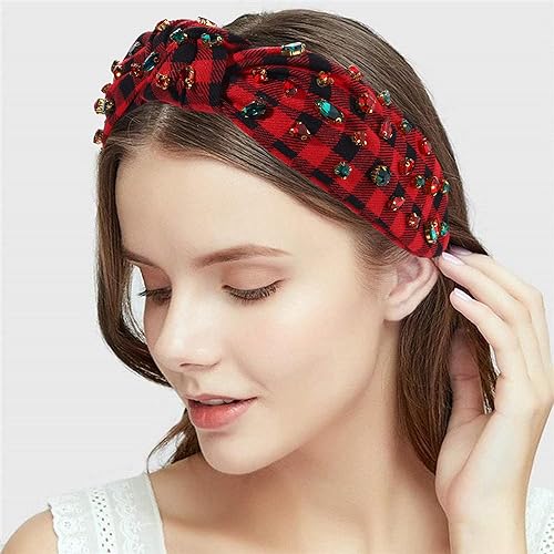 CEALXHENY Christmas Headband Accessories for Women Red Green Rhinestone Crystal Knotted Headband Jeweled Xmas Plaid Wide Top Knot Headband Christmas Outfits Holiday Gifts (Christmas 1)