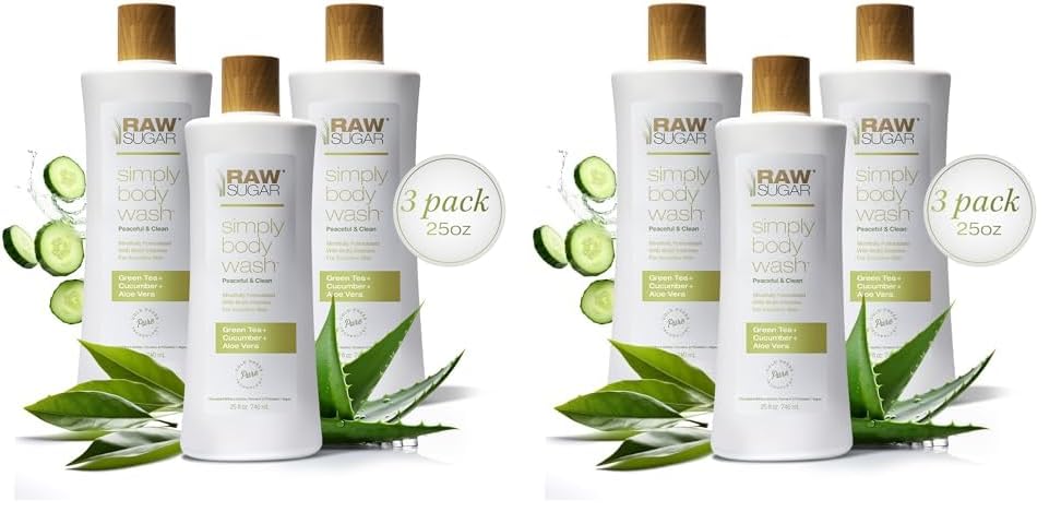 RAW SUGAR Sensitive Skin Simply Body Wash - Green Tea + Cucumber + Aloe Vera, Moisturizing & Brightening Bath & Shower Gel, Sulfate-Free, Paraben-Free & Vegan (Pack of 6)