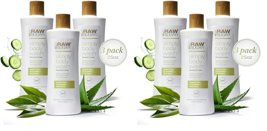 RAW SUGAR Sensitive Skin Simply Body Wash - Green Tea + Cucumber + Aloe Vera, Moisturizing & Brightening Bath & Shower Gel, Sulfate-Free, Paraben-Free & Vegan (Pack of 6)