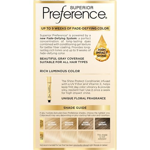 L'Oreal Paris Superior Preference Luminous Fade-Defying Permanent Hair Color, Hair Dye For Up to 9 Weeks of Radiance, Ultimate Natural Blonde 10NB, 1 Hair Dye Kit
