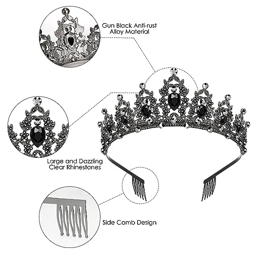 Makone Queen Crown and Tiara Princess Crown with Combs for Women and Girls Black Crystal Headbands for Bridal, Gothic Costumes for Prom Halloween Accessories Wedding Birthday Party(Black)