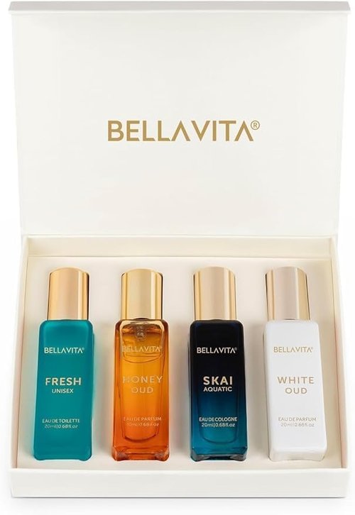 .Bella_Vita_. Luxury Unisex Cologne Gift Set (4x20ml) | Fragrances Includes Honey OUD, SKAI, FRESH & White OUD | Travel Size Mini Perfumes & Spicy Vanilla Perfume Oil | Unisex Perfume for Women & Men