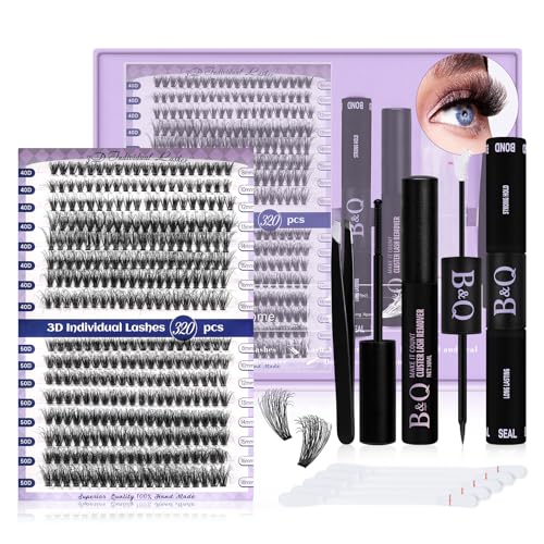 Lash Extensions Kit for Beginners 3D Eyelash Extension Kit 320pcs 40D+50D Lash Clusters Kit 8-18 Mixed Lash Kit Fluffy Individual Lashes Kit with Lash Bond Seal Remover(Q40D+Q50D-8-18MIX)