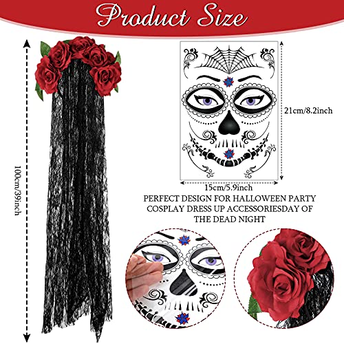 Maitys Day of Dead Headpiece Rose Floral Crown Veil and 8 Sheets Halloween Floral Skull Temporary Face Tattoo Stickers for Women Parties(Elegant)