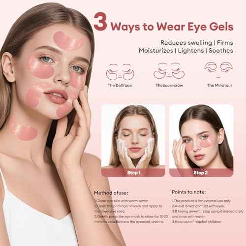 Under Eye Patches Gold Essence Hydrogel Eye Masks for Puffy Eyes and Dark Circles Caffeine Hyaluronic Acid & Niacinamide Deep Hydrating Eye Mask for Men & Women 60 PCS (Rose-pink)